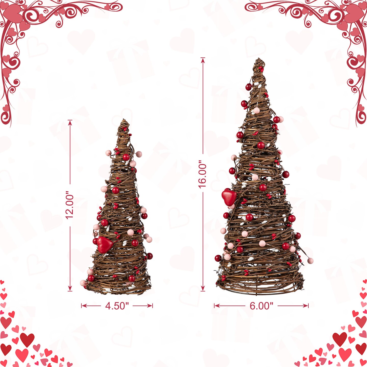 16"H Set of 2 Valentine's Rattan Heart and Berries Table Tree
