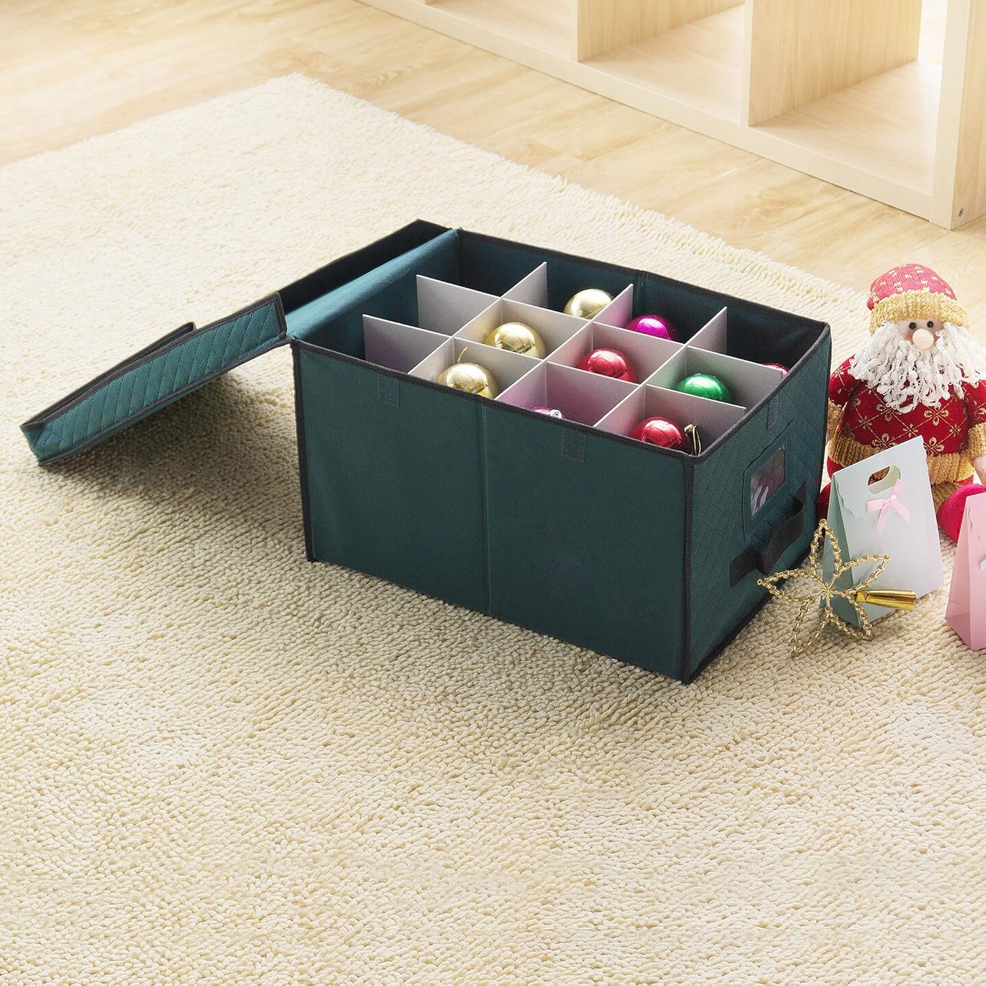Ornament Storage Box-Green Holiday Organizer Cube- 24 Individual 4&#x201D; Compartments &#x26; Dividers-Flip Top Lid-For Christmas Bulbs &#x26; Decorations
