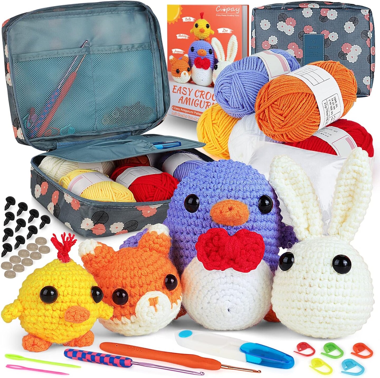Crochet Kit for Beginners Kids Adults - Cute Penguin, Chicken, Rabbit &#x26; Fox, Complete Crochet Set with 4 Different Crochet Patterns, DIY Amigurumi Kit Crochet Animal Kit with Case &#x26; Instruction