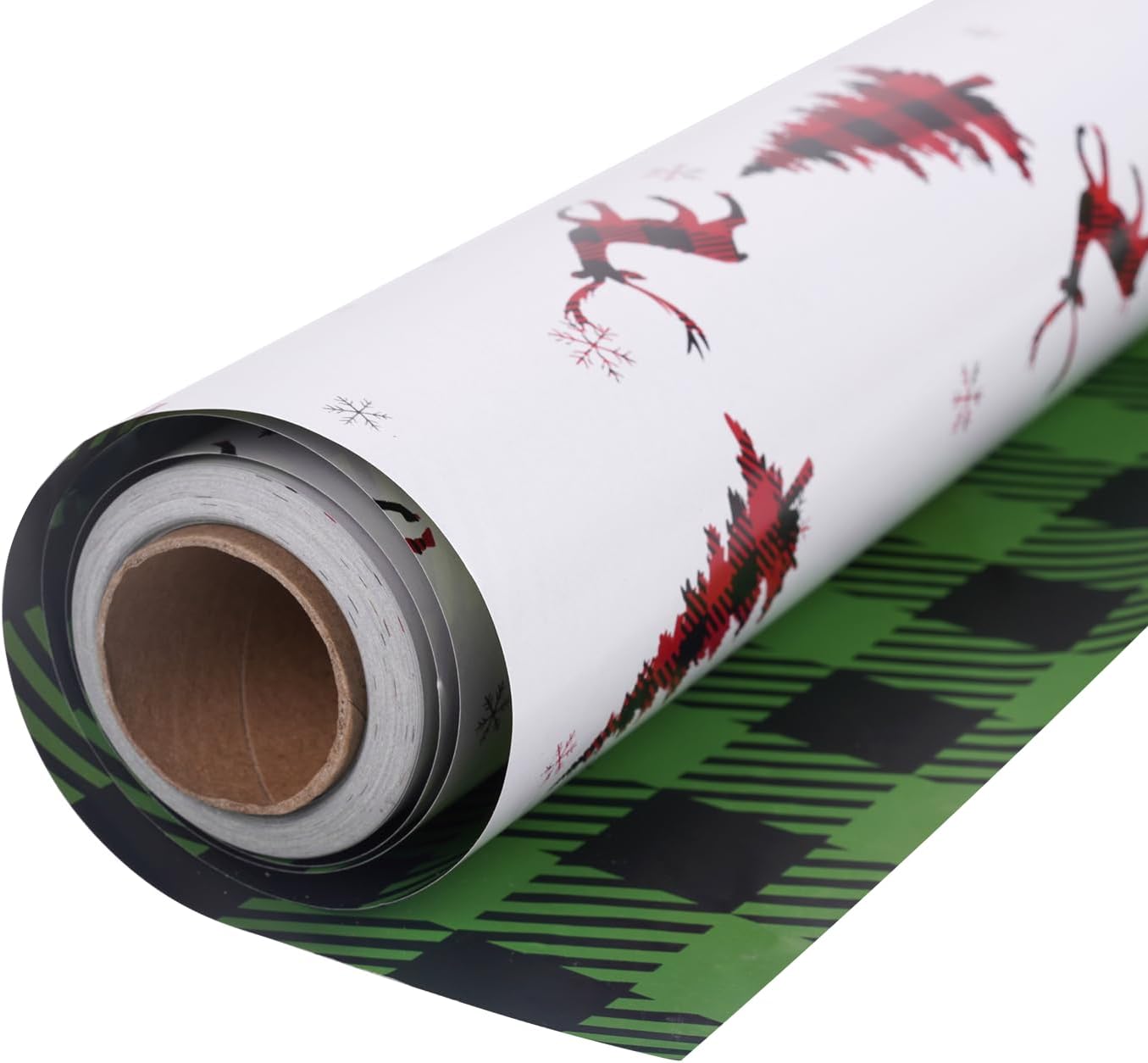 Christmas Wrapping Paper Long Roll, Reversible Roll Two Side Wrapping Paper 30x390 Inch - Deer Plaid