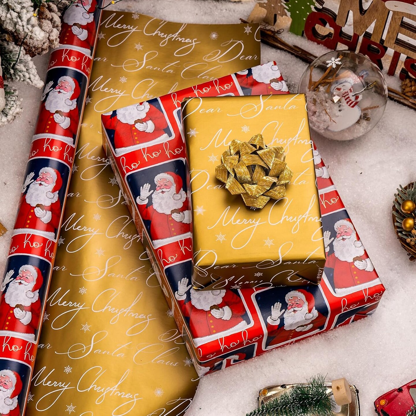 Vintage Christmas Santa Wrapping Paper Roll - 17 Inch X 33 Feet - Reversible Red Festive Season&#x27;s Greetings Santa Holiday Christmas Gift Wrap Thick Paper for Christmas, Birthday, New Year
