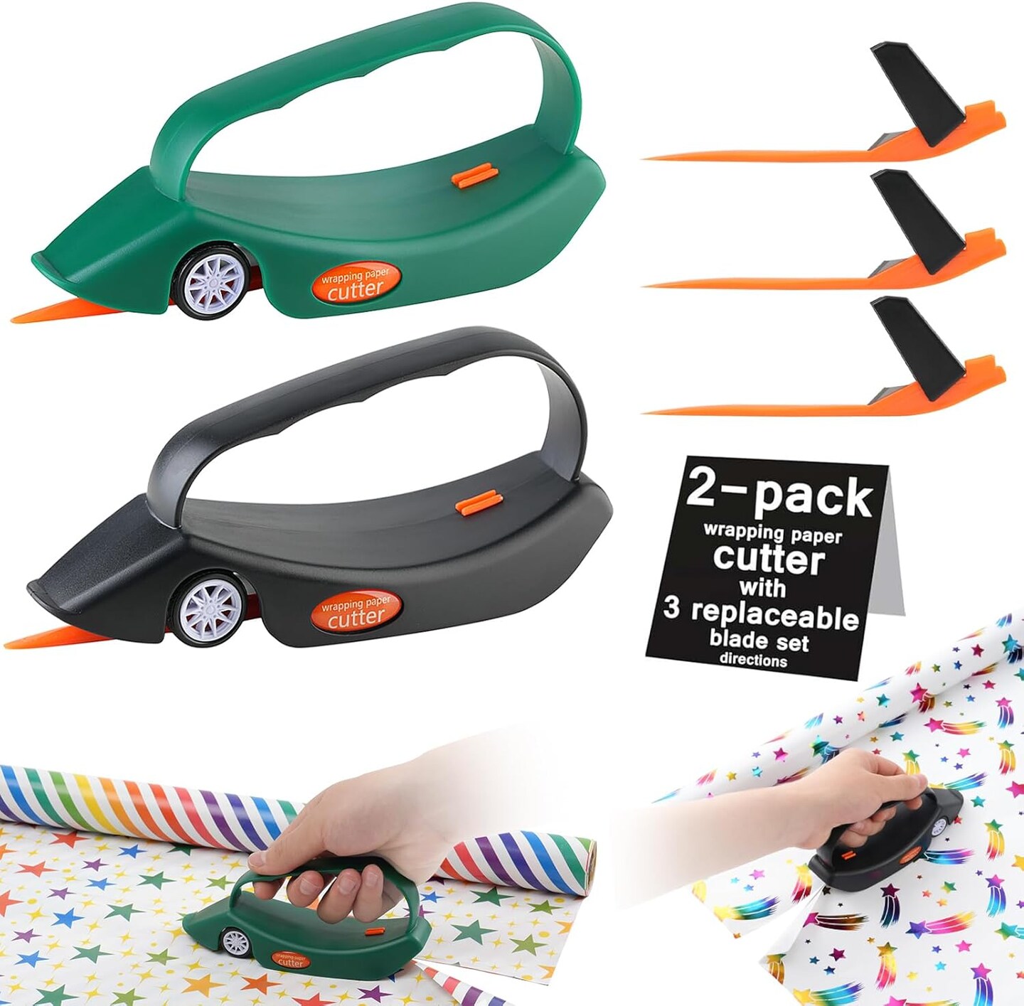 Pack Wrapping Paper Cutter with 3 Replaceable Blades | New Gift Wrap Cutter with Wheels | Birthday and Christmas Wrapping Paper Cutter Slider for Home, Office or Classroom (Black & Green)