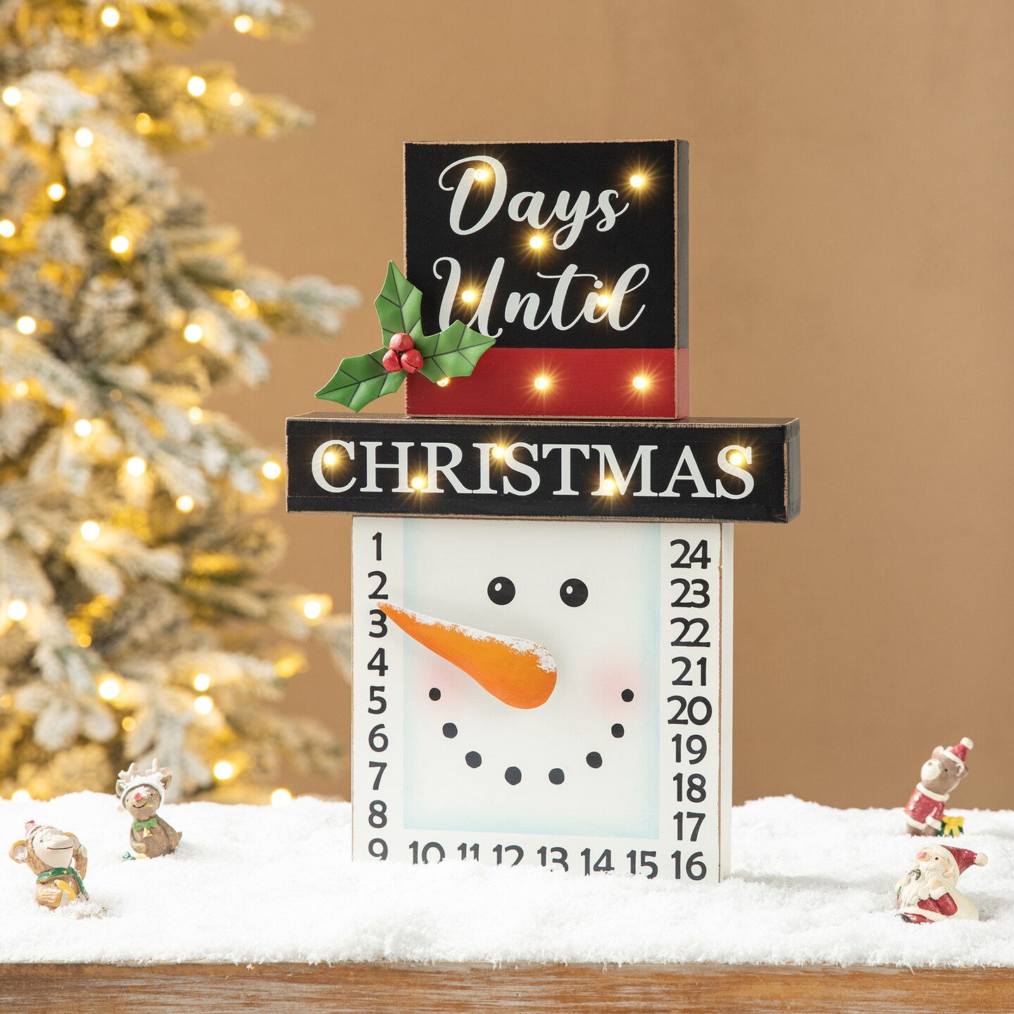 Set of 2 15&#x22;H Lighted Wooden Christmas Snowman Advent Calendar D&#xE9;cor