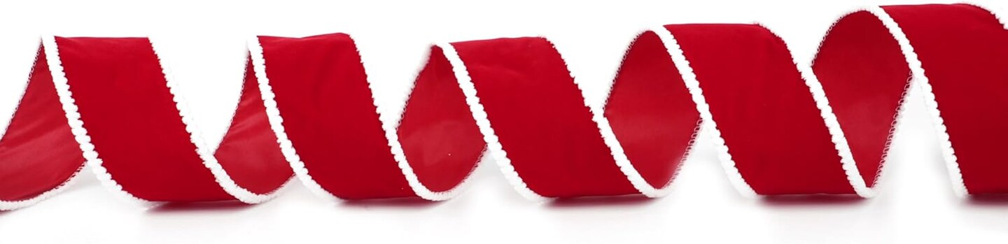 2.5 Inch Red Velvet Wired Ribbon with White Snowy Edge for Gift Wrapping, Floral Craft, Christmas Ribbon, Tree Decorations, Bows, Home Decor, 10Yards