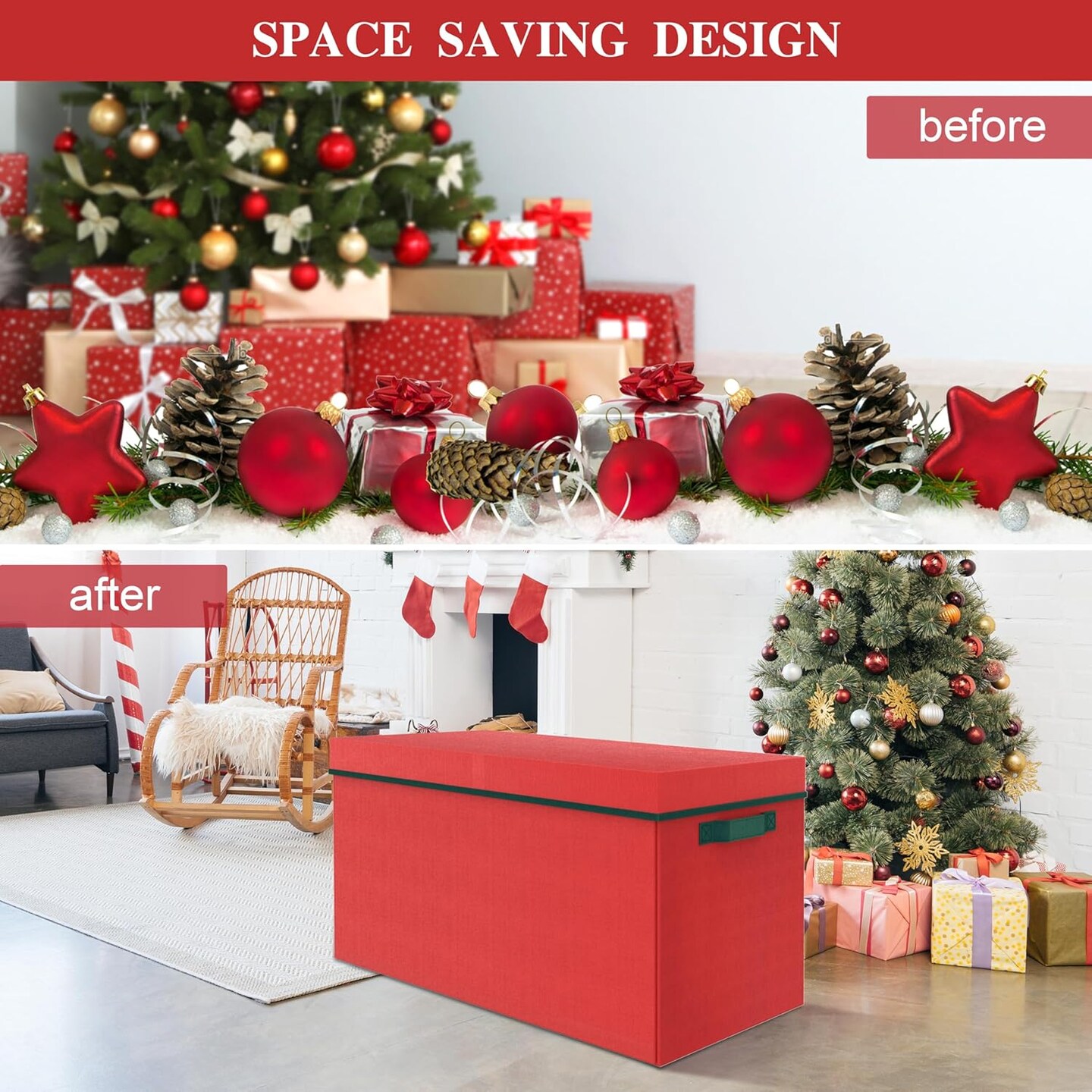 Christmas Ornament Storage Box, Ornament Organizer Storage box with Lids and Adjustable Dividers , Store Up to 128-3&#x22; Ornaments, Extra Large Holiday Decor Storage Container with 8 Stackable Trays, Red