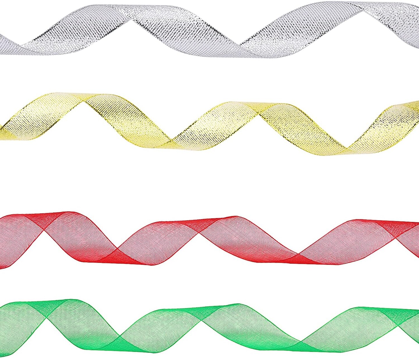 4 Rolls 4/5 Inch in Width Christmas Metallic Glitter Organza Ribbons Golden, Silvery, Red, Green Ribbon for Gift Wrapping, Christmas Tree Room Decoration