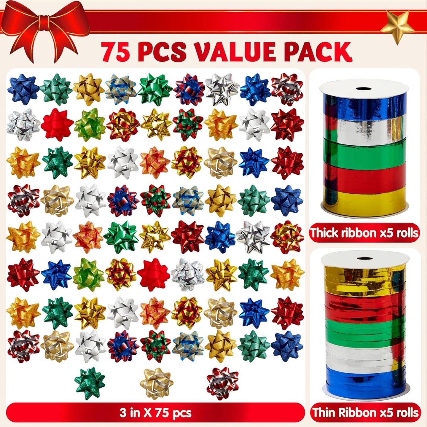 75 PCS 3 Inch Christmas Self Adhesive Gift Bows and 2 Rolls of Christmas Curling Ribbons for Baskets, Wine Bottles Decoration, Gift Wrapping and Decoration Present