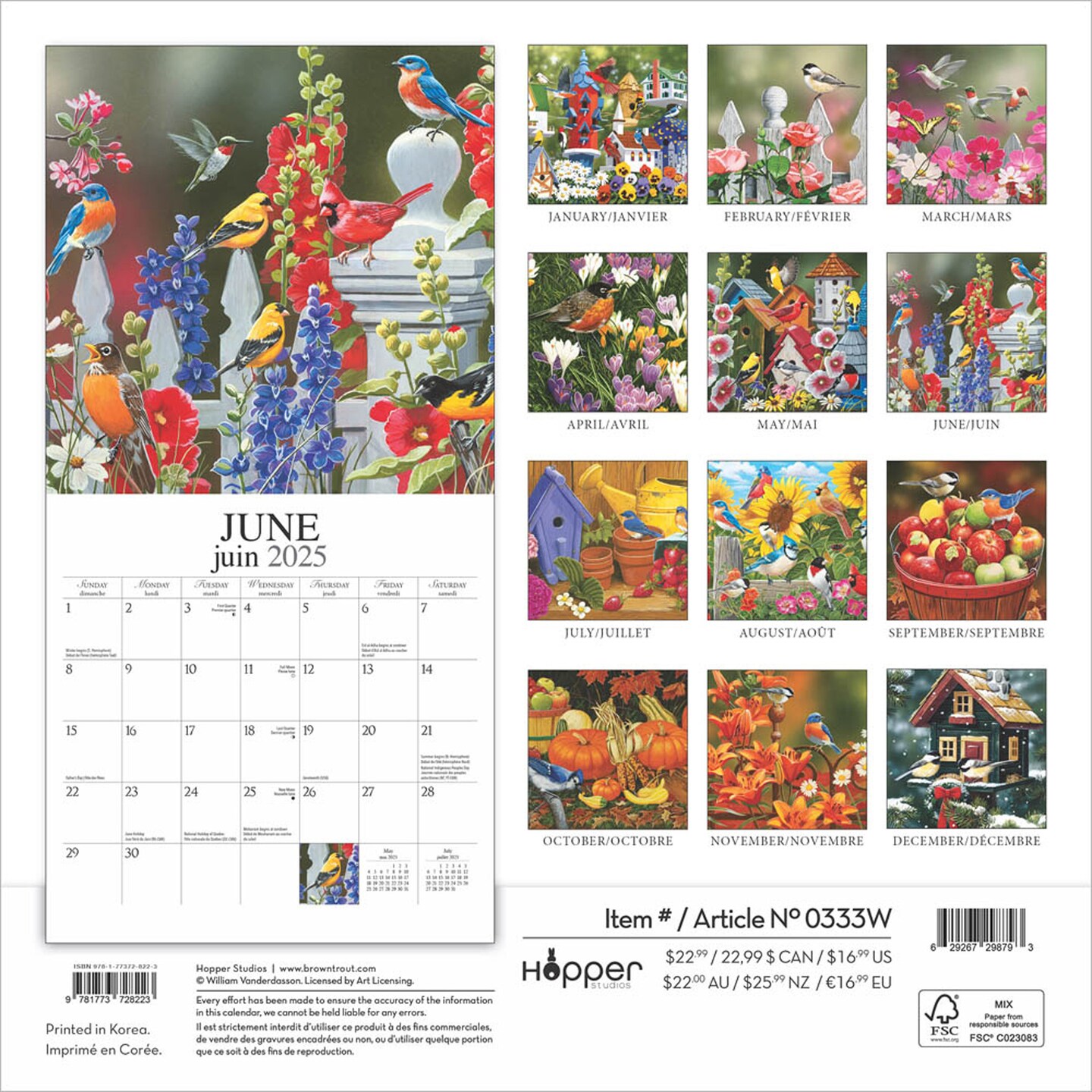 Feathered Friends | Amis a Plumes | 2025 12 x 24 Inch Monthly Square Wall Calendar | English/French Bilingual | Featuring the Artwork of William Vanderdasson | Hopper Studios | Wildlife Animals Birds