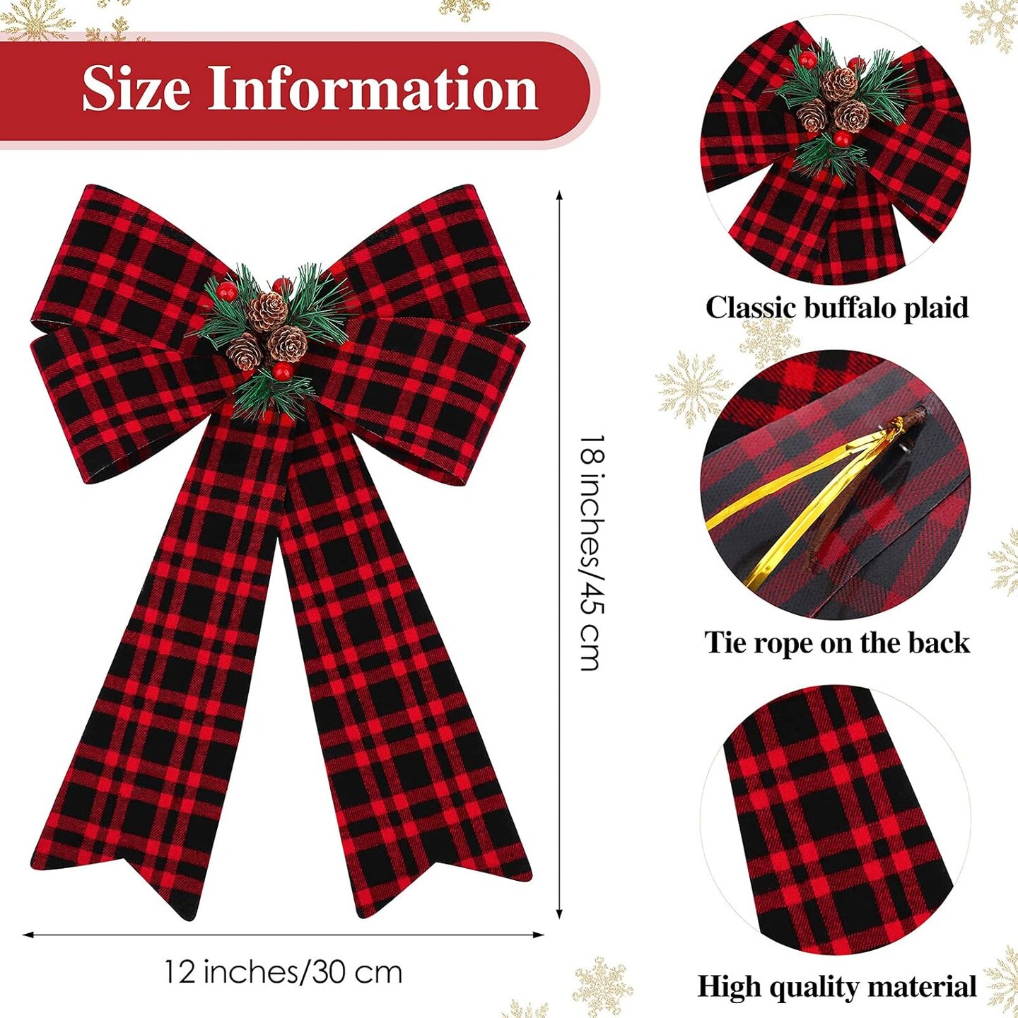 2 Pieces Christmas Red Bows Christmas Wreath Bows Xmas Buffalo Plaid Bows with Pine Cones Ornaments for Christmas Tree Indoor Outdoor Decorations (Black, Red, Green)