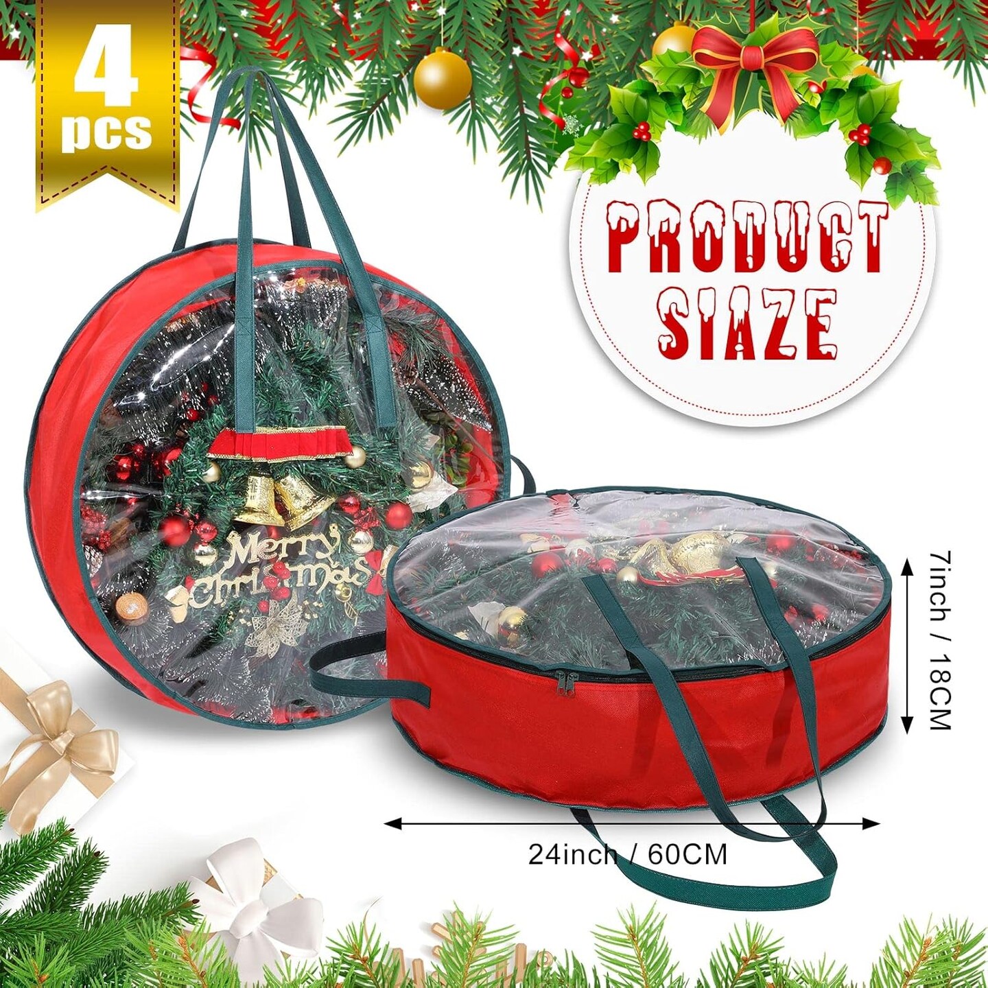 4 Pcs Christmas Wreath Storage Bag Clear Wreath Box Wreath Storage Containers with Clear Window and Handle Christmas Garland Storage Containers for Xmas Holiday Seasonal Storage (24 Inch)