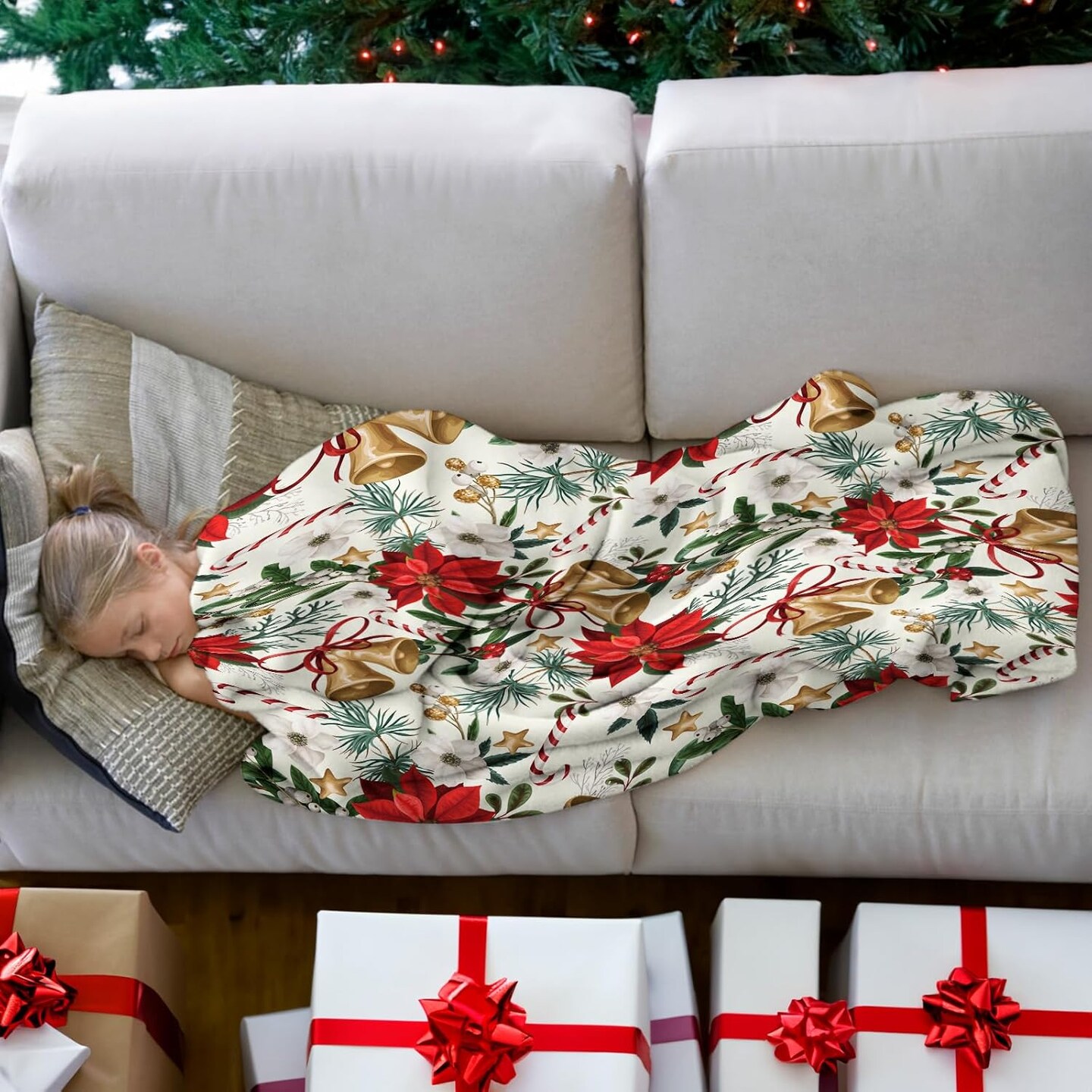 Christmas Throw Blanket, Luxury Soft Xmas Bell Flannel Blanket with Poinsettia Flower Candy Cane Star Pattern, Cozy Fluffy Red Green Gold Christmas Plush Fleece Blanket for Couch Winter