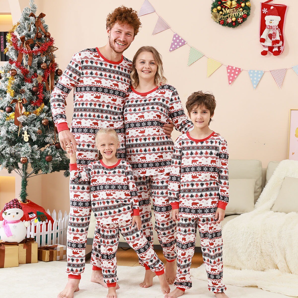 Christmas Pajamas Sets Plaid Splicing Printed Outfits