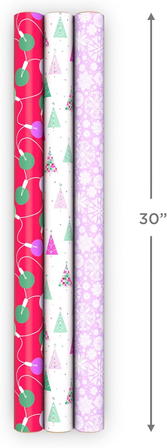 Christmas Wrapping Paper Rolls - Pink Holiday Gift Wrap Paper (Set of 3 Reversible Rolls: 75 sq. ft. ttl.) Trendy Snowflakes, Lights, Trees in Pink, Red, Mint Green