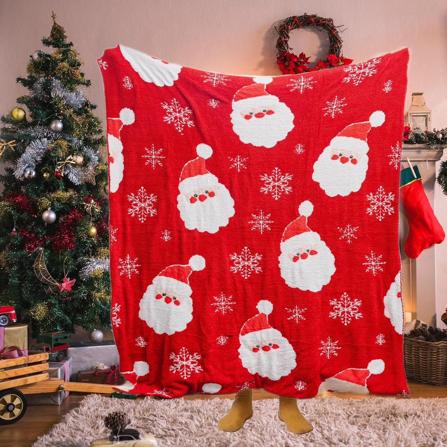 Red Santa Claus Christmas Throw Blanket, Soft Warm Cozy Reversible Fuzzy Fleece Holiday Blanket Gift for Kids Girls Adults Blankets for Sofa Bed Living Room Couch Decor Bedding Throw, 51x63 inches