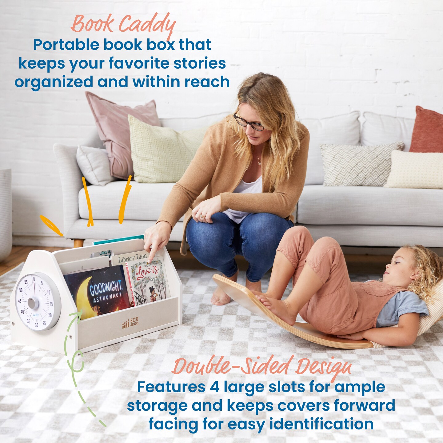 Double-Sided Book Caddy with Countdown Timer, Portable Library