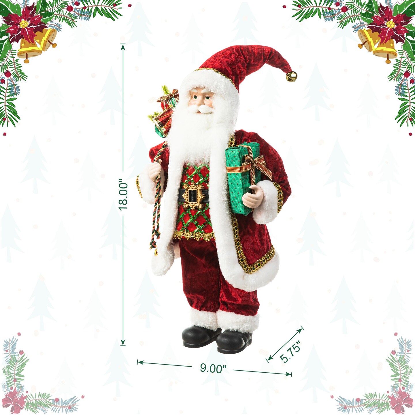 18&#x22;H Faux Fur Christmas Decor Santa Figurine with Porcelain Face