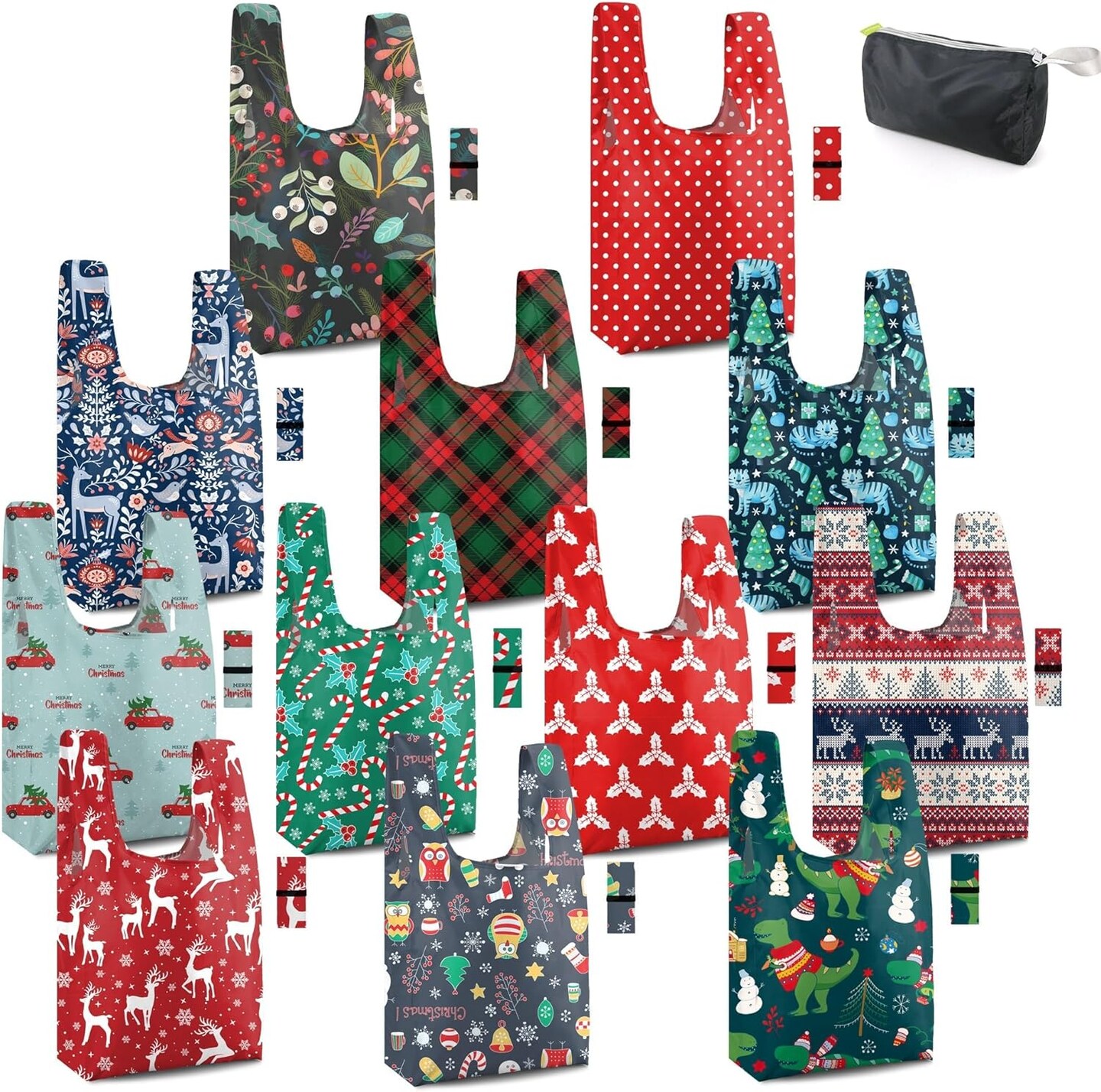 12 Pack Christmas Bags Reusable Grocery Bags Christmas Gift- 50 Lbs Foldable Polyester Totes With Elastic Band And Storage Pouch For Shopping, Kitchen, Parties Shopping Bag Tote Bags Bulk