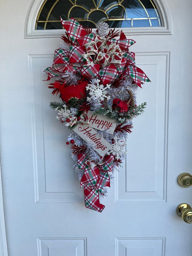 Holiday door swag, Christmas wreath, red and white swag, wreath
