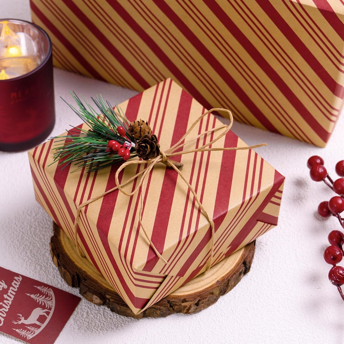 Christmas Wrapping Paper, Kraft Paper Roll with Classic Stripe Design 17inch x 33feet, Mini Red Wrapping Paper Roll Vintage Gift Wrap Paper for New Year Holiday, Birthday, Craft &#x26; Art