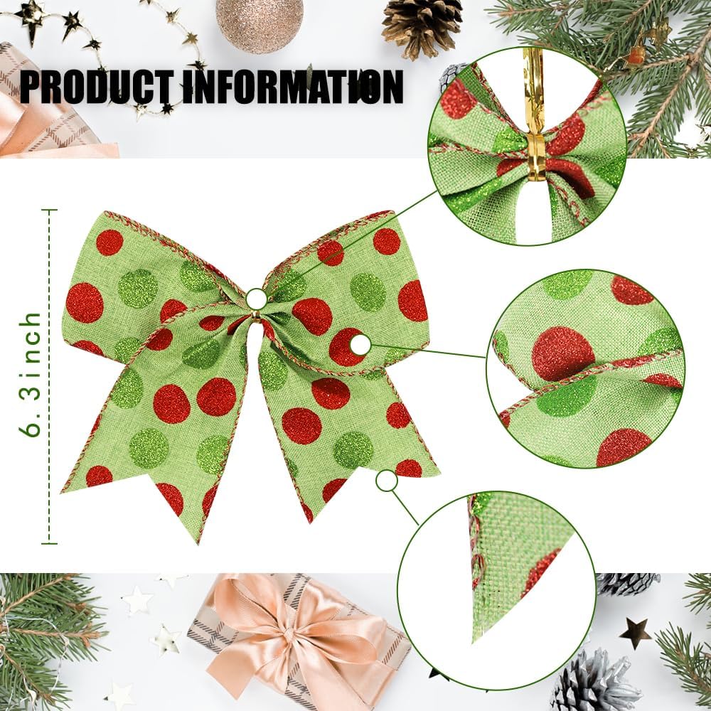 12pcs Christmas Bows Ornaments 6.3 Inch Large Christmas Wreath Bows Red Green Xmas Tree Bows Christmas Glitter Dot Bows Ribbons Decoration for Garland Wedding Home Holiday Party