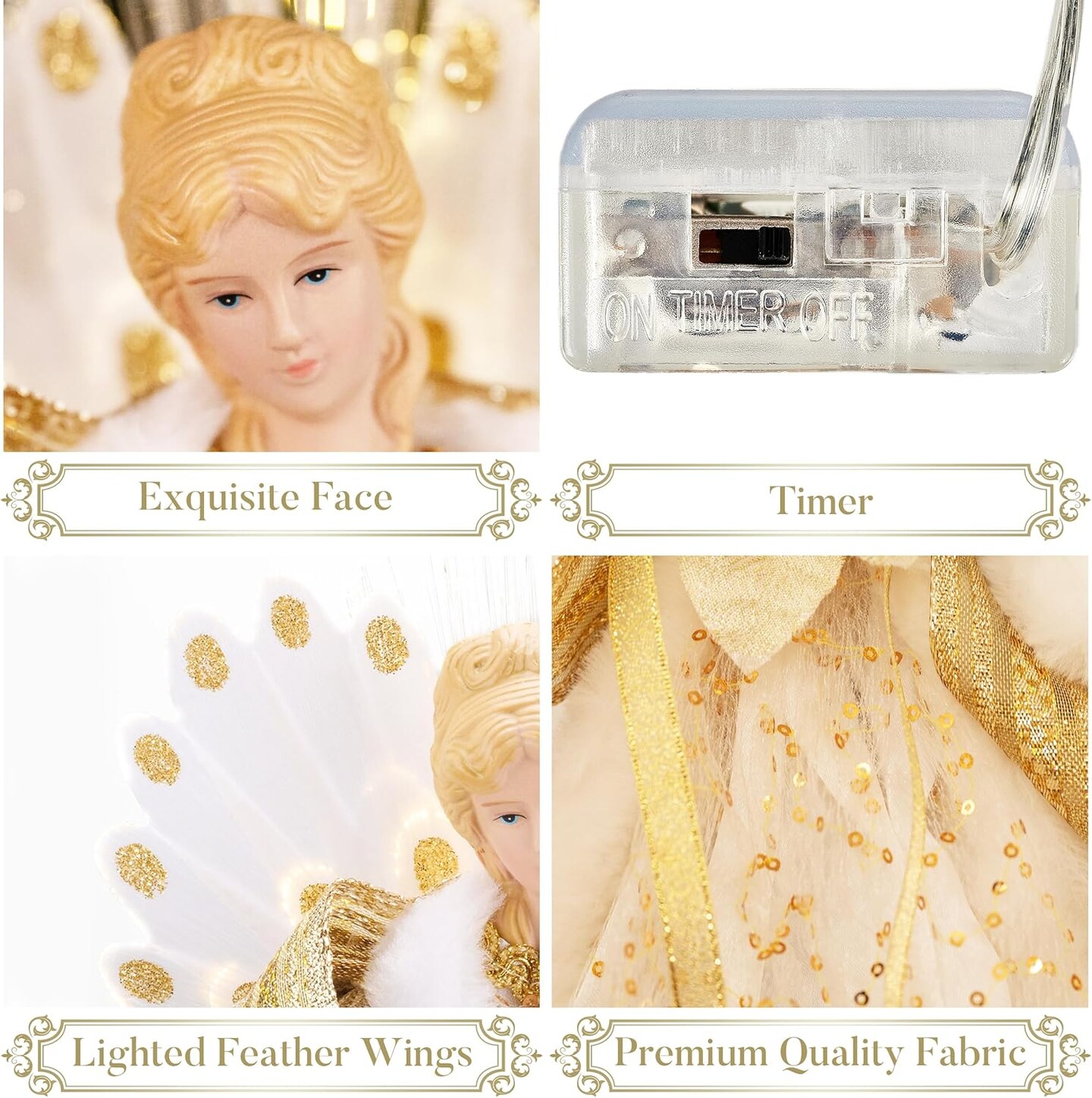 Lighted Christmas Tree Topper Angel with Timer, 12 Inch Luxury White Gold Fabric Small Angel Tree Topper with Lights for Christmas Tree Decoration Indoor, Battery Operated