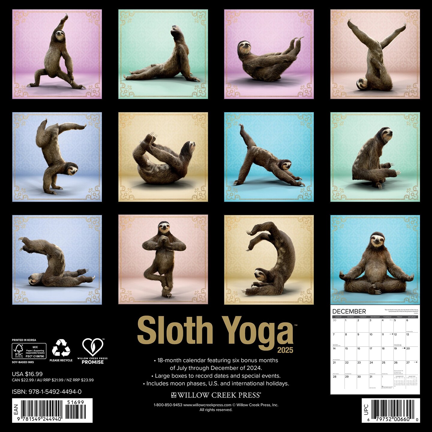 Sloth Yoga 2025 Wall Calendar