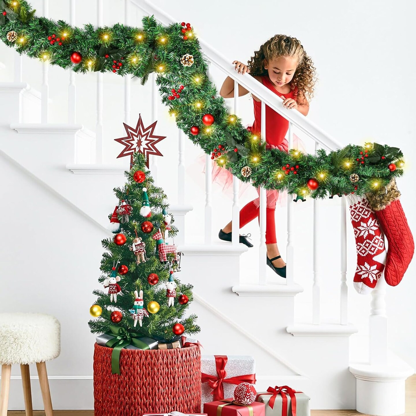 9FT/270cm Pre-Lit Christmas Garland, Artificial Christmas Hanging Garland with Lights Timer, Red Berries Glitter Ball Pine Cone Decorations for Home Stairs Table Fireplace Xmas Festival Decor