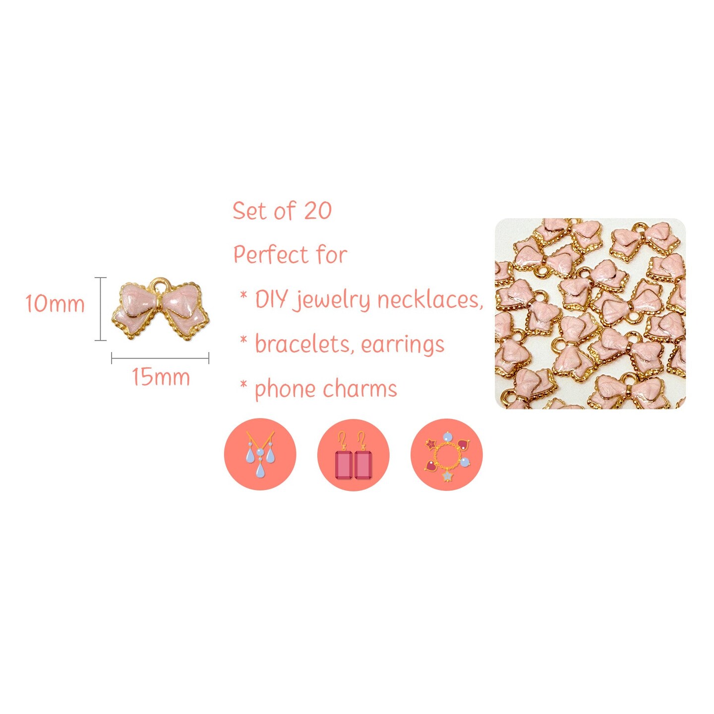Wrapables Nature Charms for Jewelry Making Enamel Pendants, (Set of 20), Pink Bow