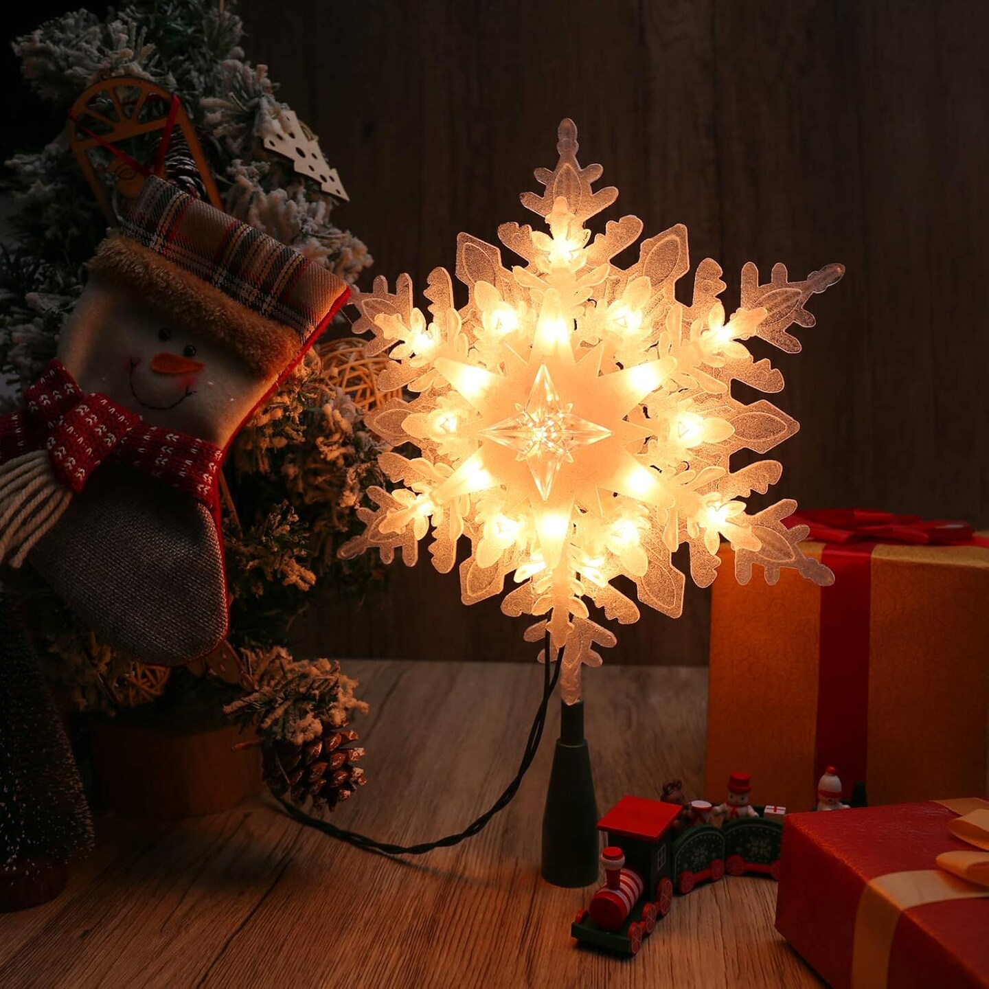 Christmas Snowflake Tree Topper, 9.25in Lighted Christmas Treetop with 20 Warm White Lights, 120V UL Certified Plug in Christmas Tree Top Star for Xmas Tree Indoor Party Home Office Decoration