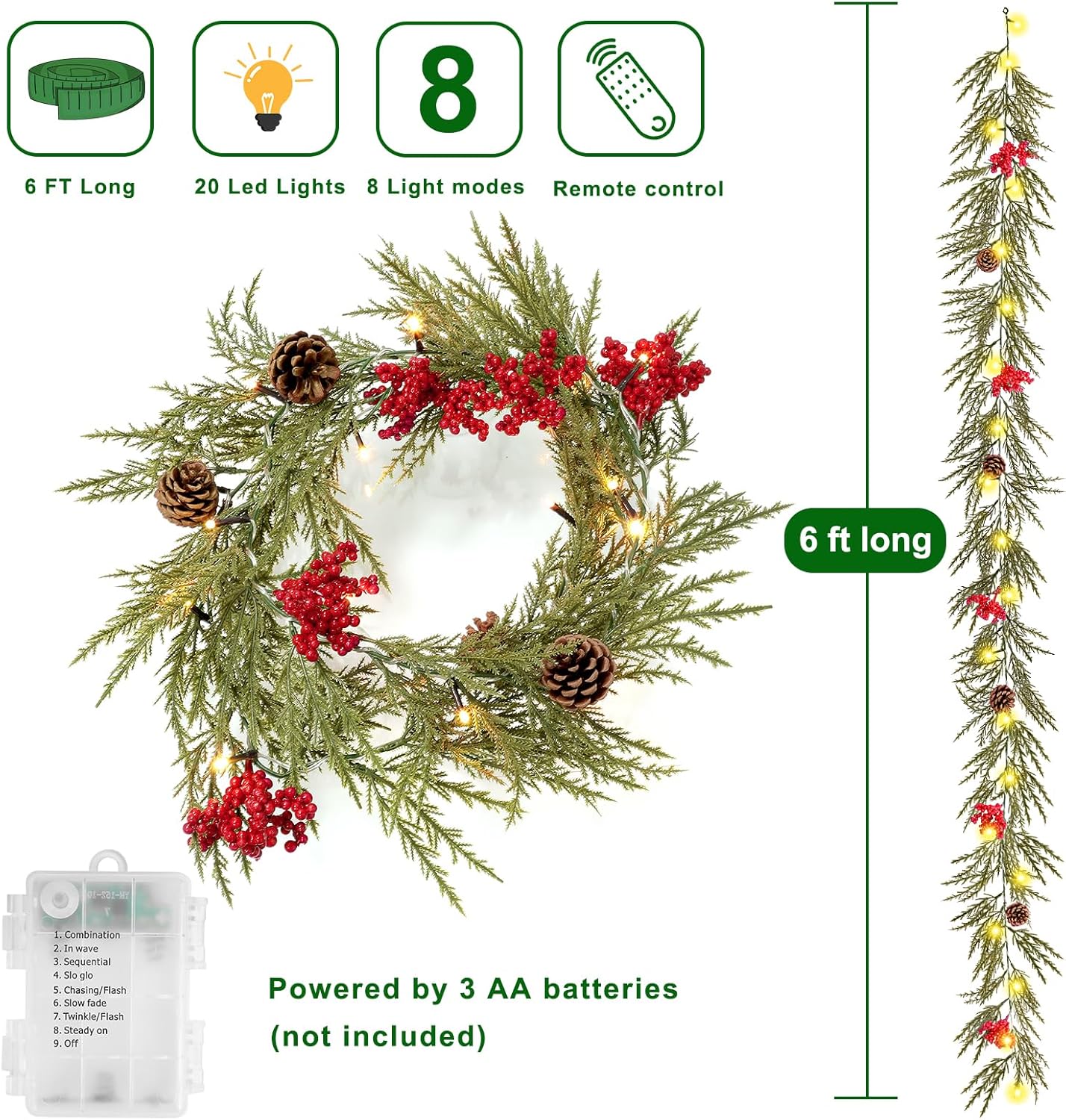 6 FT Battery Operated Artificial Greenery Garland with Timer, 20 LEDs, Pine Cones and Red Berries for Mantle, Front Door, Stairs Railing Decoration (1 Pack)