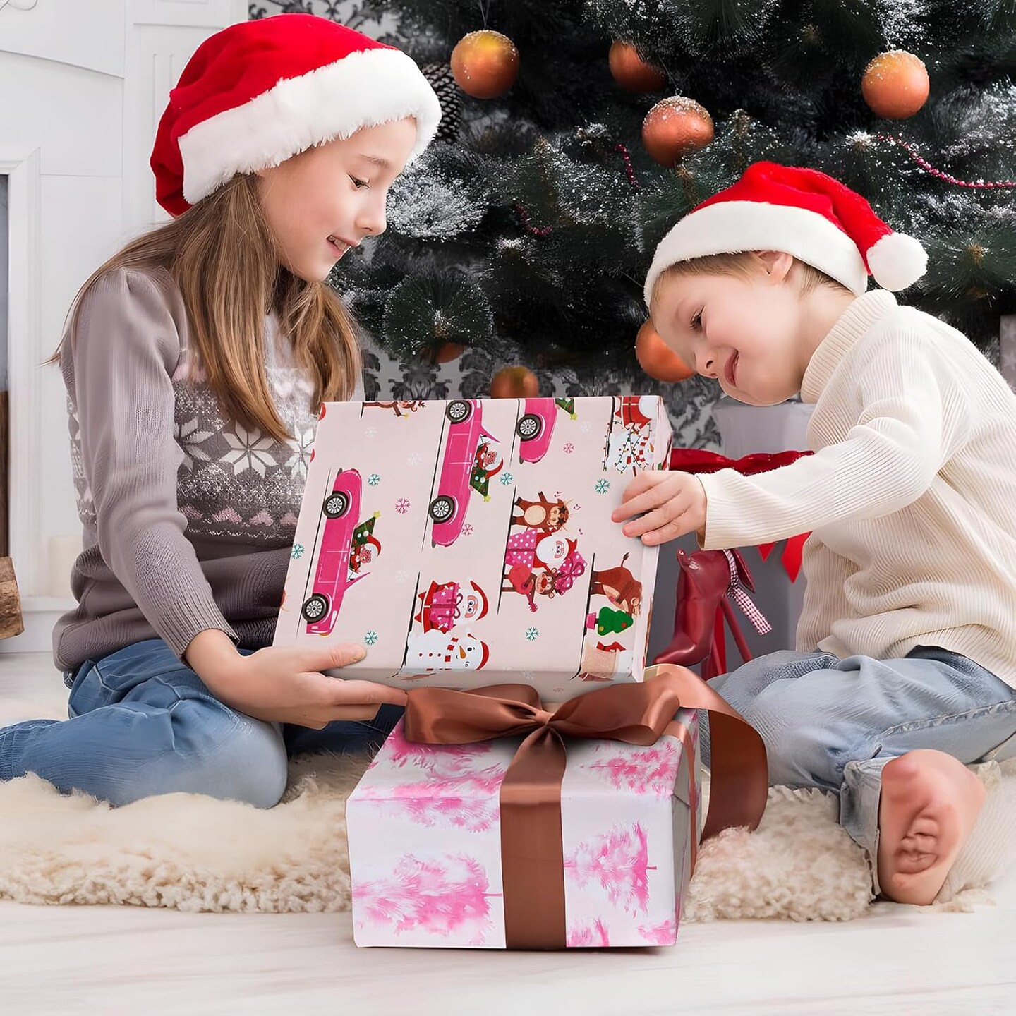 Pink Christmas Wrapping Paper Reversible Mini Roll 17 Inch X 33 Feet, Santa Claus and Christmas Tree Print Wrapping Paper for Kids Gift Wrapping, Christmas Family Party, Christmas Tree Decorations