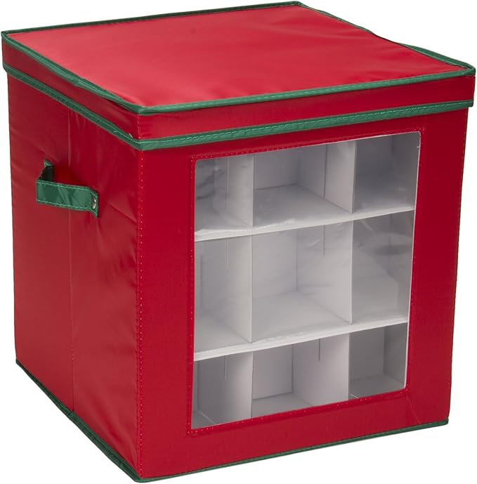 Household Essentials 552RED Medium Christmas Tree Ornament Storage Box | Stores Up to 27 Xmas Ornaments | Red Bin with Green Trim