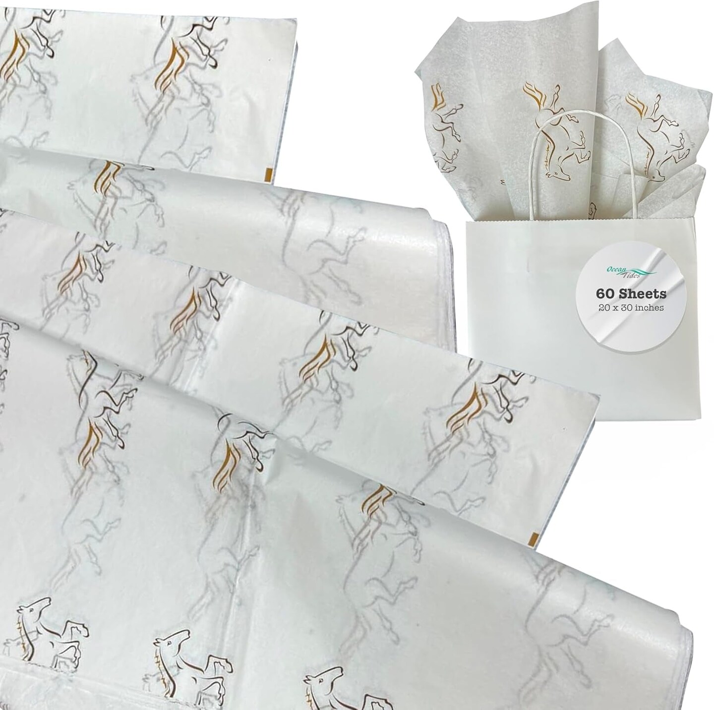 Gift Wrapping Tissue Paper - Gift Wrap for Birthdays, DIY Crafts, &#x26; Christmas - 60 Sheets Bulk Tissue Paper for Gift Bags - Lightweight &#x26; Easy to Shape - Horse Print (30 X 20 Inches)