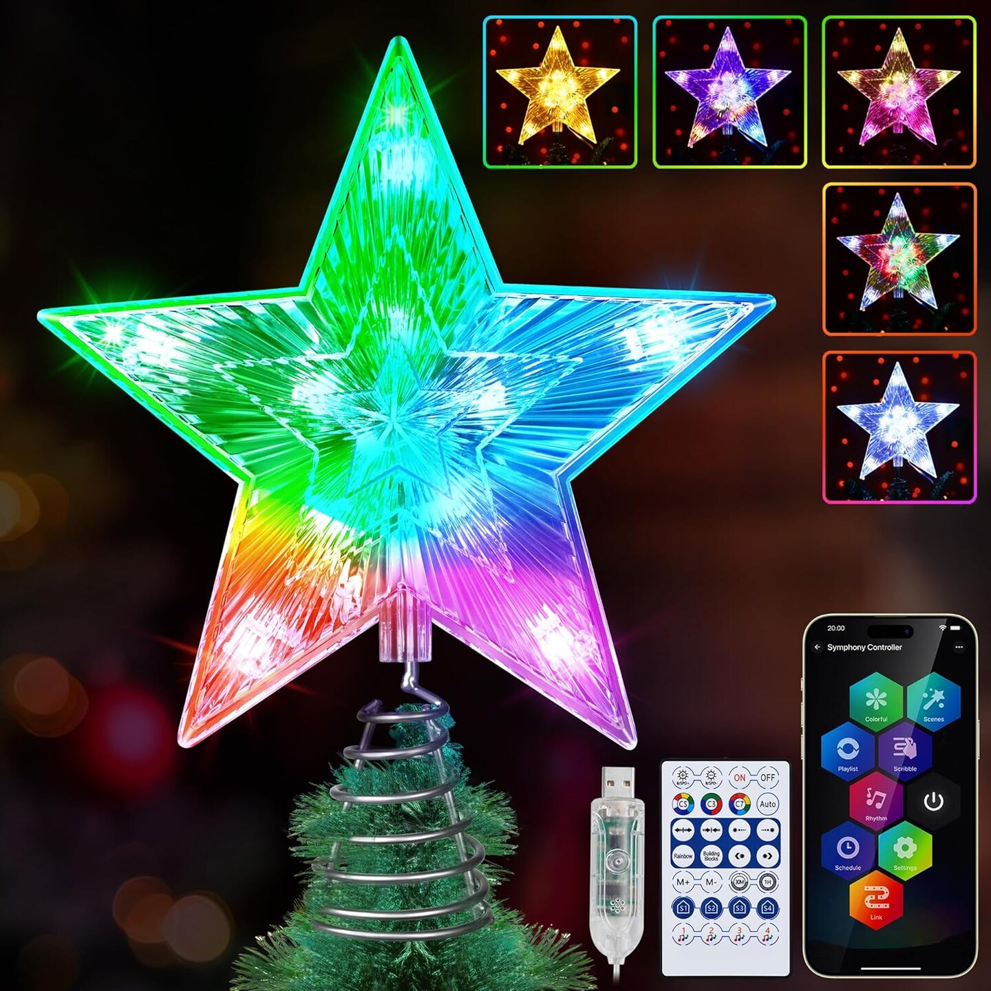 82 Modes 8" Smart Christmas Star Tree Topper with Lights - 11 Bright LED 16 Million Colors DIY Tree Star Topper, App Control Music Sync with Remote Indoor Outdoor Decoration