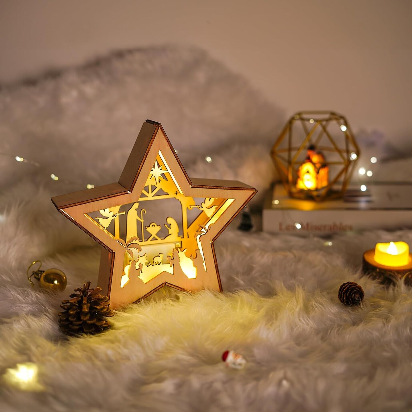 Christmas Tree Topper Star Lighted, Wooden Star Tree Toppers Christmas Decorations, Christmas Tree Star Topper with Lights, Rustic Tree Topper for Small Nativity Scene Indoor Christmas Decor
