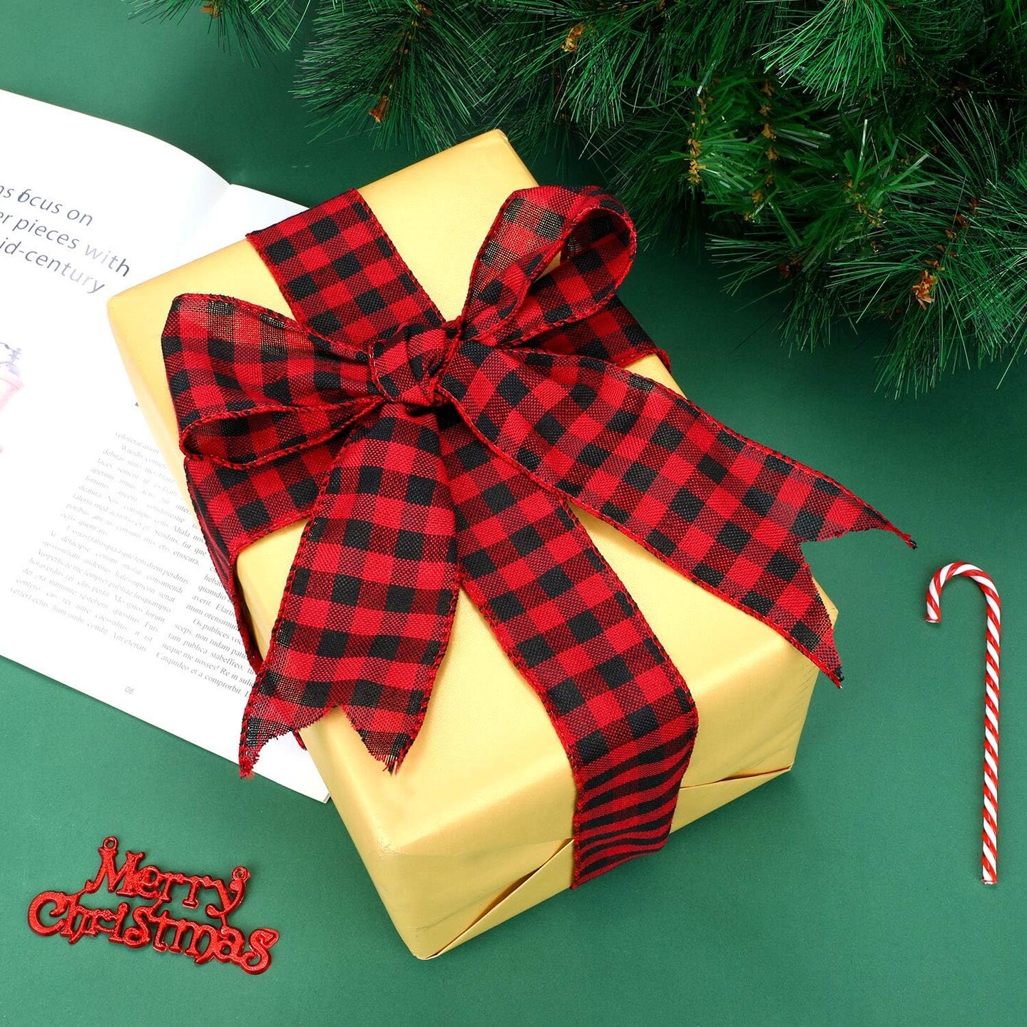 2 Rolls 2.5 Inch Wide Red Black Buffalo Plaid Ribbon Christmas Wrapping Ribbon Wired Edge Burlap Check Ribbon Gingham for Christmas Wreath Tree Gift, 39.3 ft