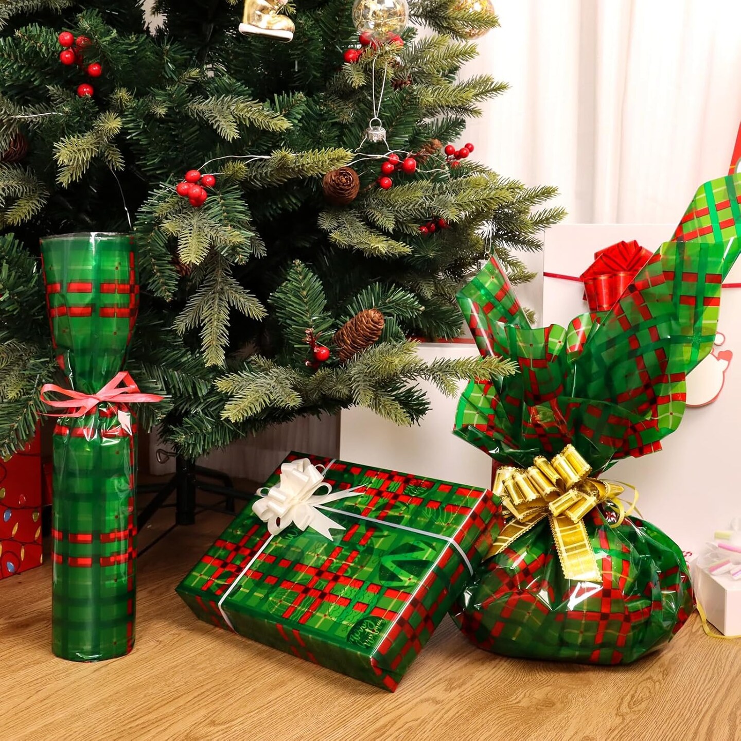 Christmas Cellophane Wrap Roll (34" x 100’Ft) 3 Mil Thicken Long Film Gift Wrappings for Baskets, Box,Wine, Christmas Decor