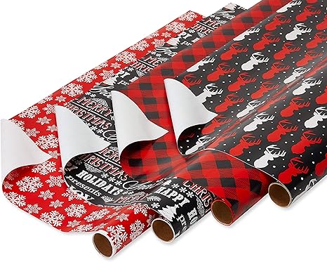 Wrapping Paper Set with Cut Lines (4 rolls 30 in. x 12 ft., 7 Bows, 30 Gift Tags), Christmas Text, Plaid, Reindeer and Snowflakes