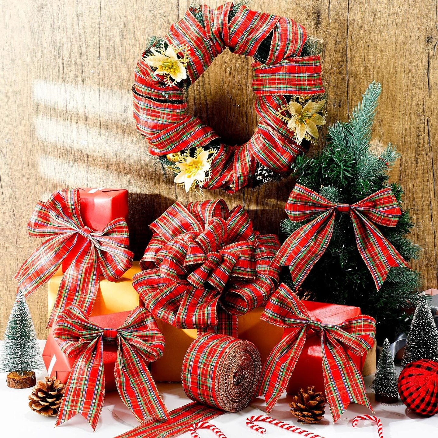 Plaid Christmas Wired Ribbon 2.5 Inches 50 Yard Traditional Red Tartan Plaid Christmas Holiday Ribbon Green Red Gold Plaid with Gold Edge for Garland Home Decor Gift Wrapping DIY Crafts