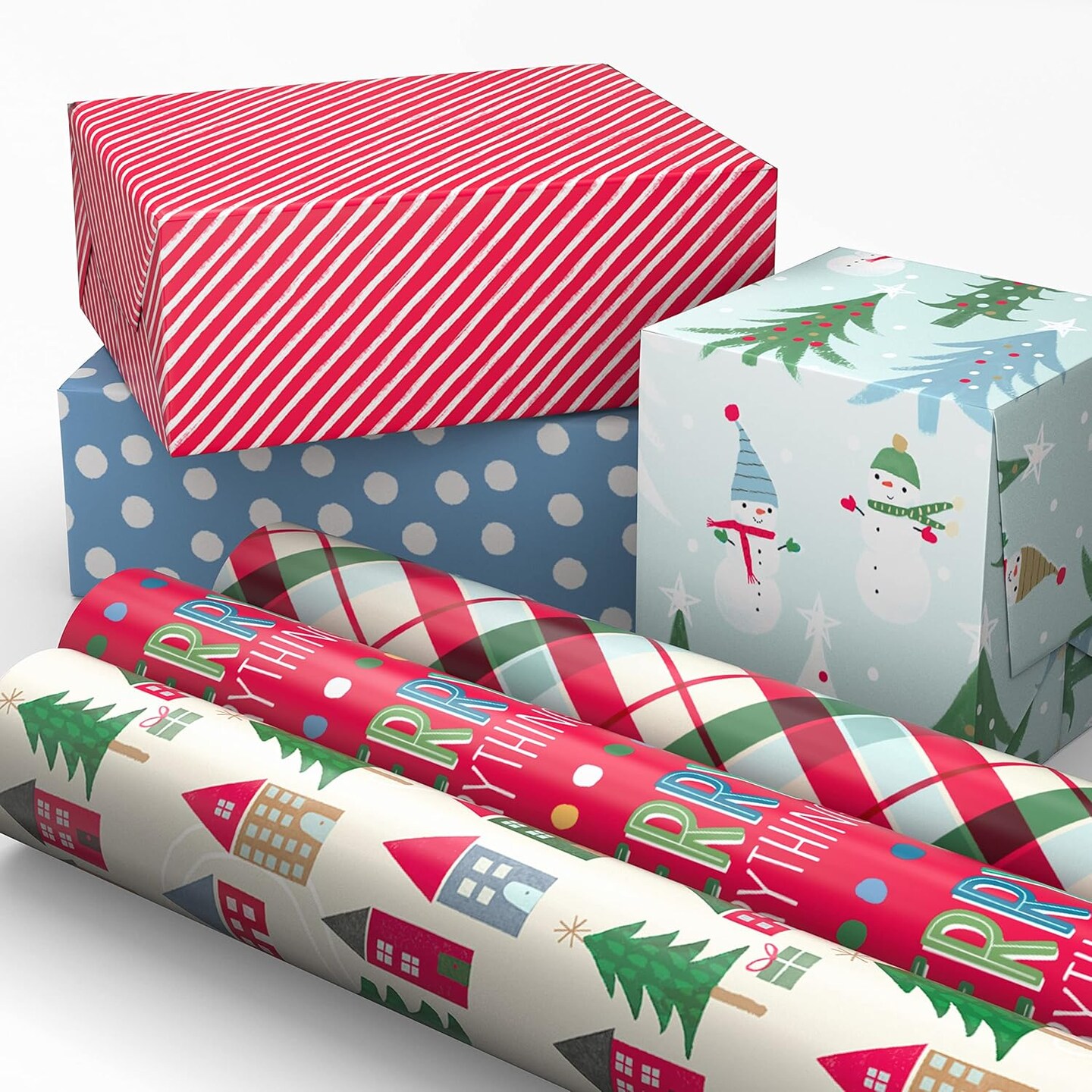 Cute Recyclable Christmas Wrapping Paper (6 Rolls: 180 Sq. Ft. Total) Red, Blue, Green Plaid, Merry Everything, Colorful Houses, Snowmen and Trees, Dots, Stripes
