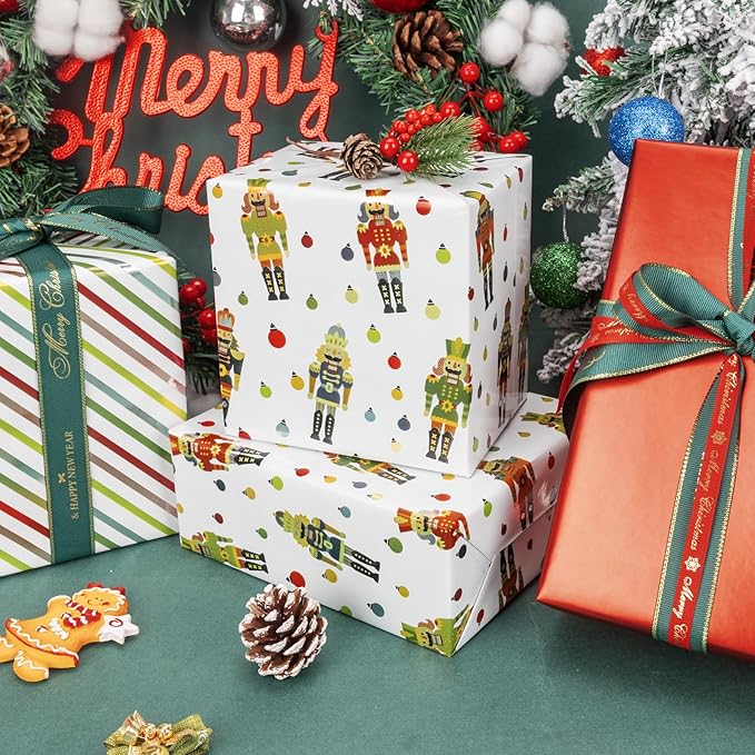 Christmas Wrapping Paper Rolls - Mini Roll, Christmas Stripes and Nutcracker Wrapping Paper Christmas, 3 Roll -17In*120In Per Roll