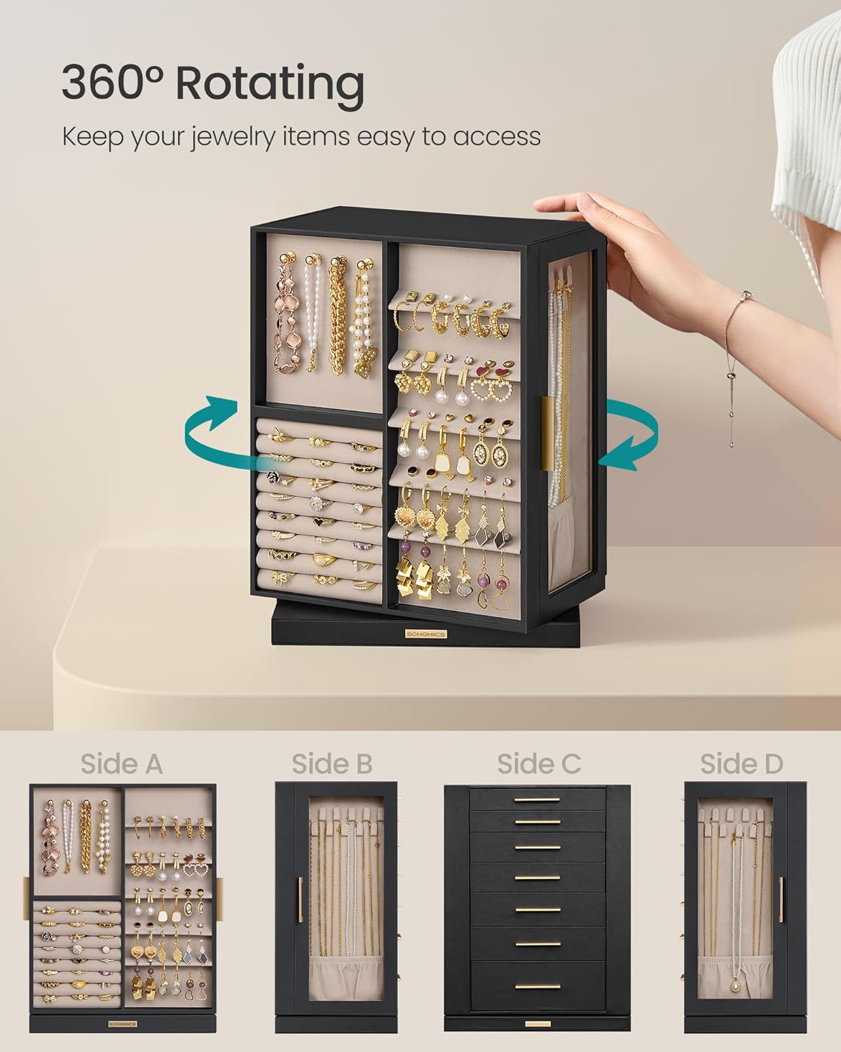 Jewelry Box 360&#xB0; Rotating, Jewelry Storage Case with 7 Drawers, Jewelry Organizer, Glass Window, Spacious, Vertical Jewelry Storage, Open Design, Christmas Gift, Ink Black UJBC201B01