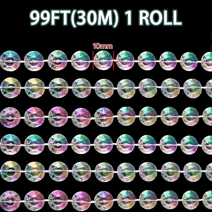99ft Crystal Bead Garland for Christmas Tree Decorations, Iridescent Acrylic Beaded Garland Strand Roll, Hanging Christmas Decorations Indoor Home Decor, String Diamond Beads for Crafts Curtains