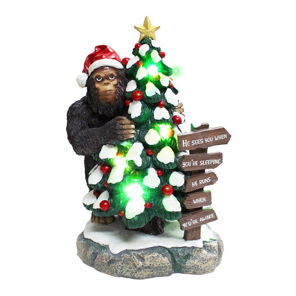 Whimsical Bigfoot Behind Christmas Tree Figurine, 7.5&#x22; Funny Holiday Yeti LED Statue, He Sees You When You&#x27;re Sleeping