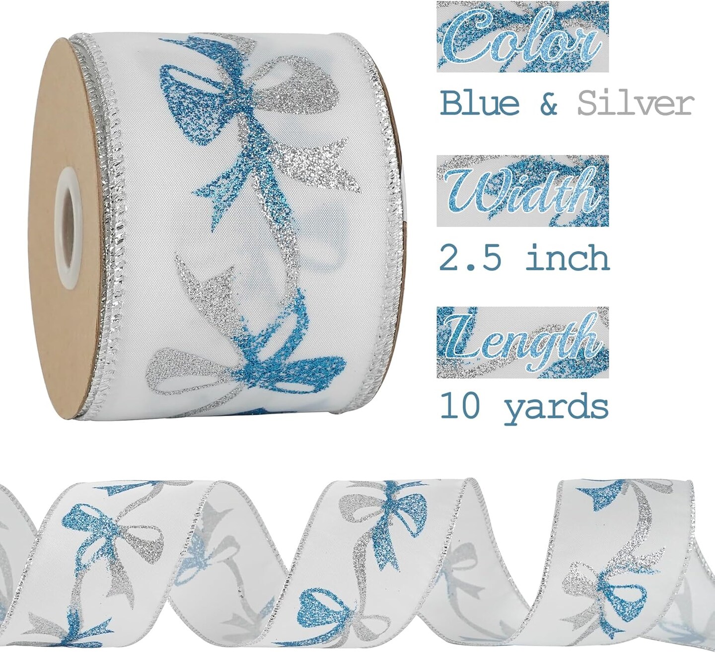 Blue and Silver Christmas Ribbon 2.5 Inch White Satin Ribbon with Turqupise and Silver Glittery Bows Pattern 25 Yards Blue and Silver Christmas Wired Ribbon for Tree, Garlands, Topper Bow