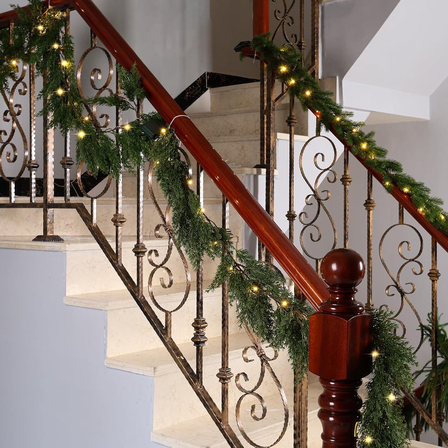 6.2 FT Prelit Christmas Cedar Garland 2 PCS, Realistic Artificial Pine Needle Garland Faux Cypress Greenery Garland with 20 Lights for Christmas Table Mantle Wall Room Outdoor Indoor Winter Decoration