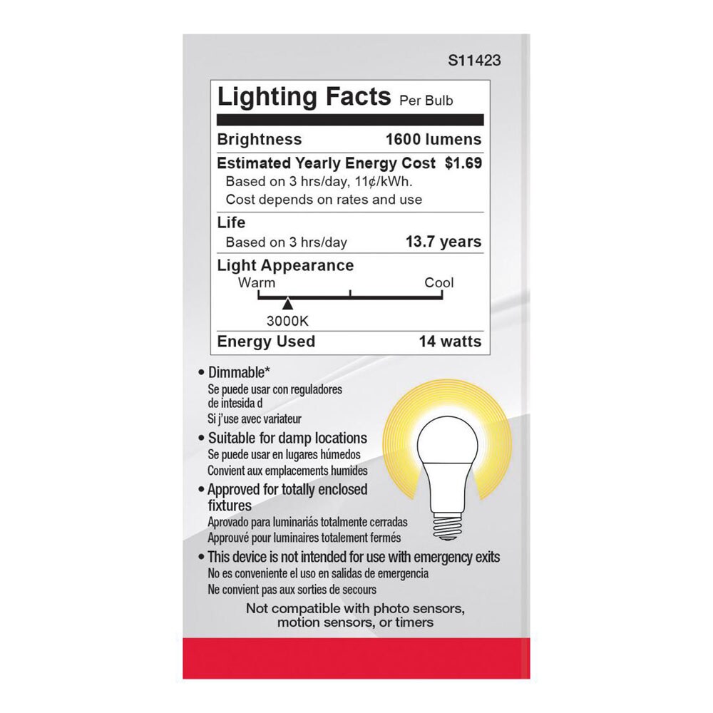 4Pk - Satco 14w 120v A19 LED E26 Base 1600L 3000k Soft White - 100W Equiv
