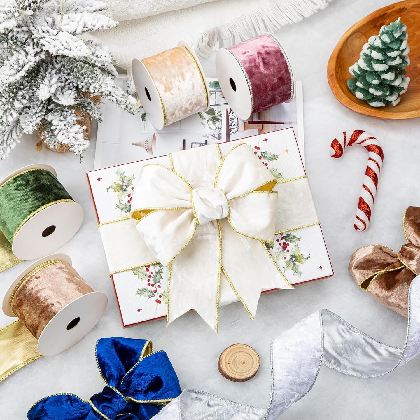 White and Gold Velvet Christmas Ribbon 2.5 Inch Christmas Tree Ribbon with Metallic Wired Edge Velvet Ribbon for Gift Wrapping Wreaths Garland Big Bow Crafts Supplies(2 Rolls, 20 Yards)