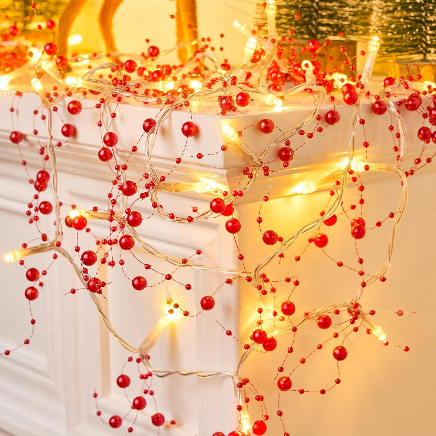 10.8ft Christmas Berry Garland String Light Beaded, 39 LED Decorative Prelit Garland, Indoor and Outdoor Decorations for Home, Parties and Indoor Garland for Mantle Fireplace Christmas Holiday