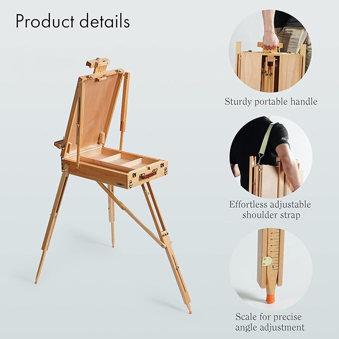 ARTIFY French Easel, Foldable Portable Art Field Easel with Artist Drawer, Palette, Hold Canvas up to 34&#x22;, Adjustable Beechwood Sketchebox Easel for Painting
